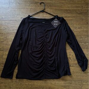 Ava & Viv Women's V-Neck Black Ruched Long Sleeve Top 1X (16W/18W)